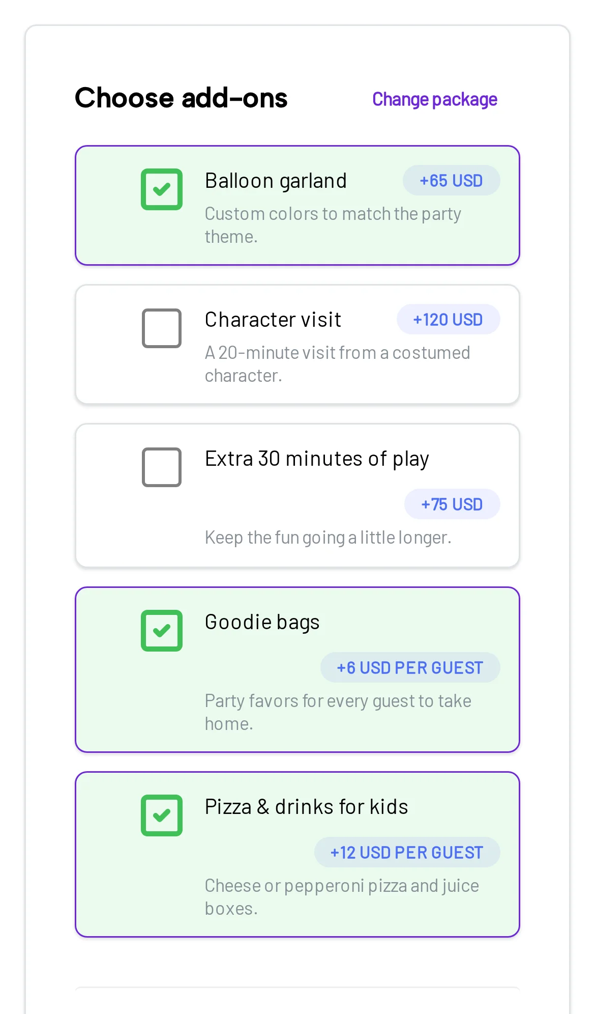 Booking widget with pizza, balloon garland, and goodie bag add-ons selected