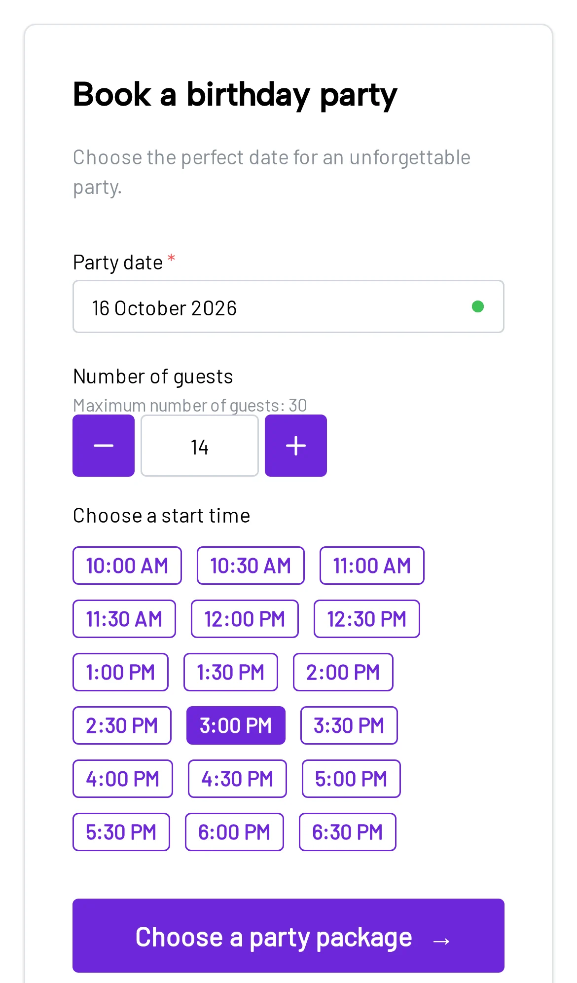 Parent choosing a party time in the Bounzee booking widget