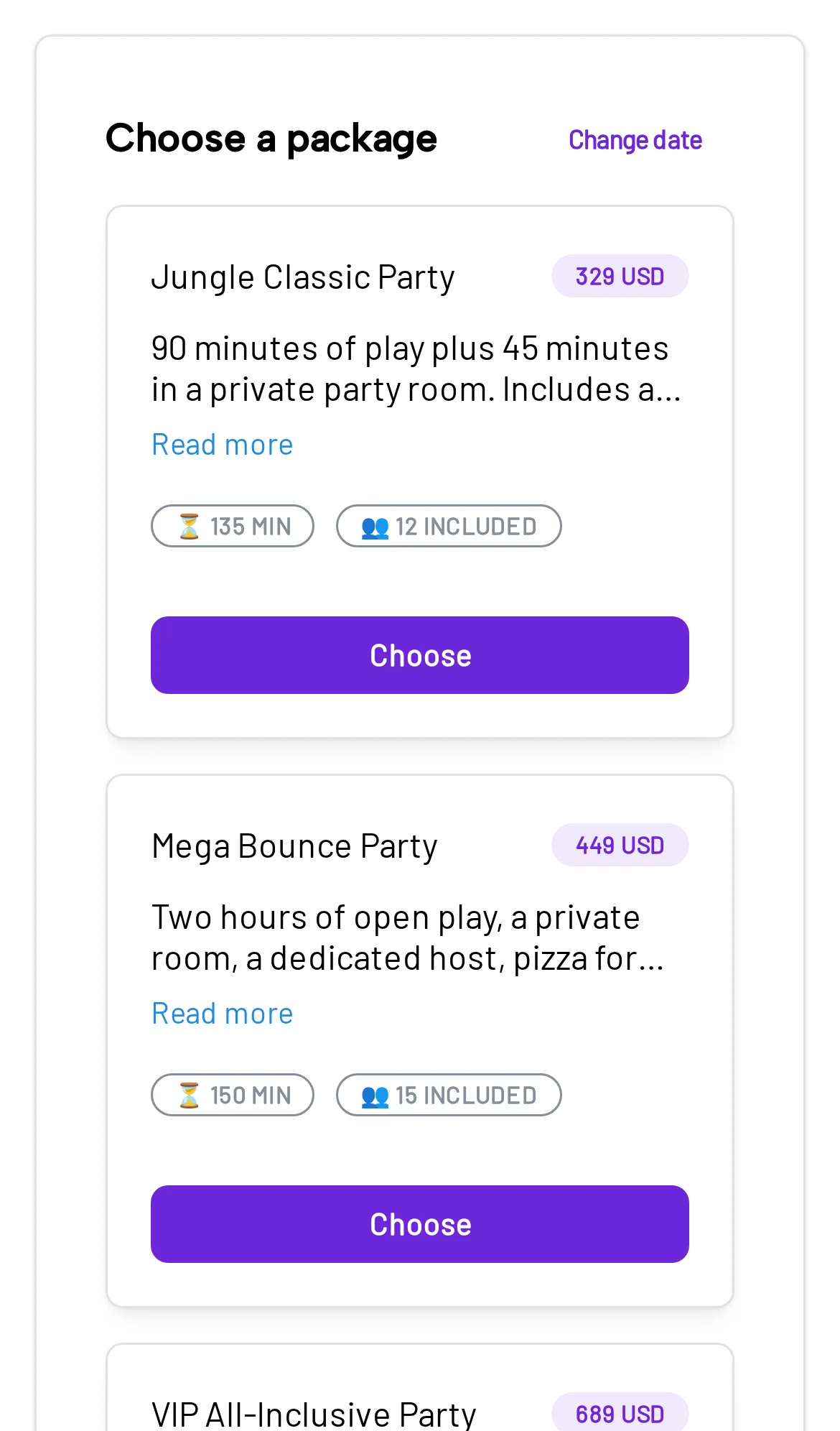 Booking widget listing three birthday party packages