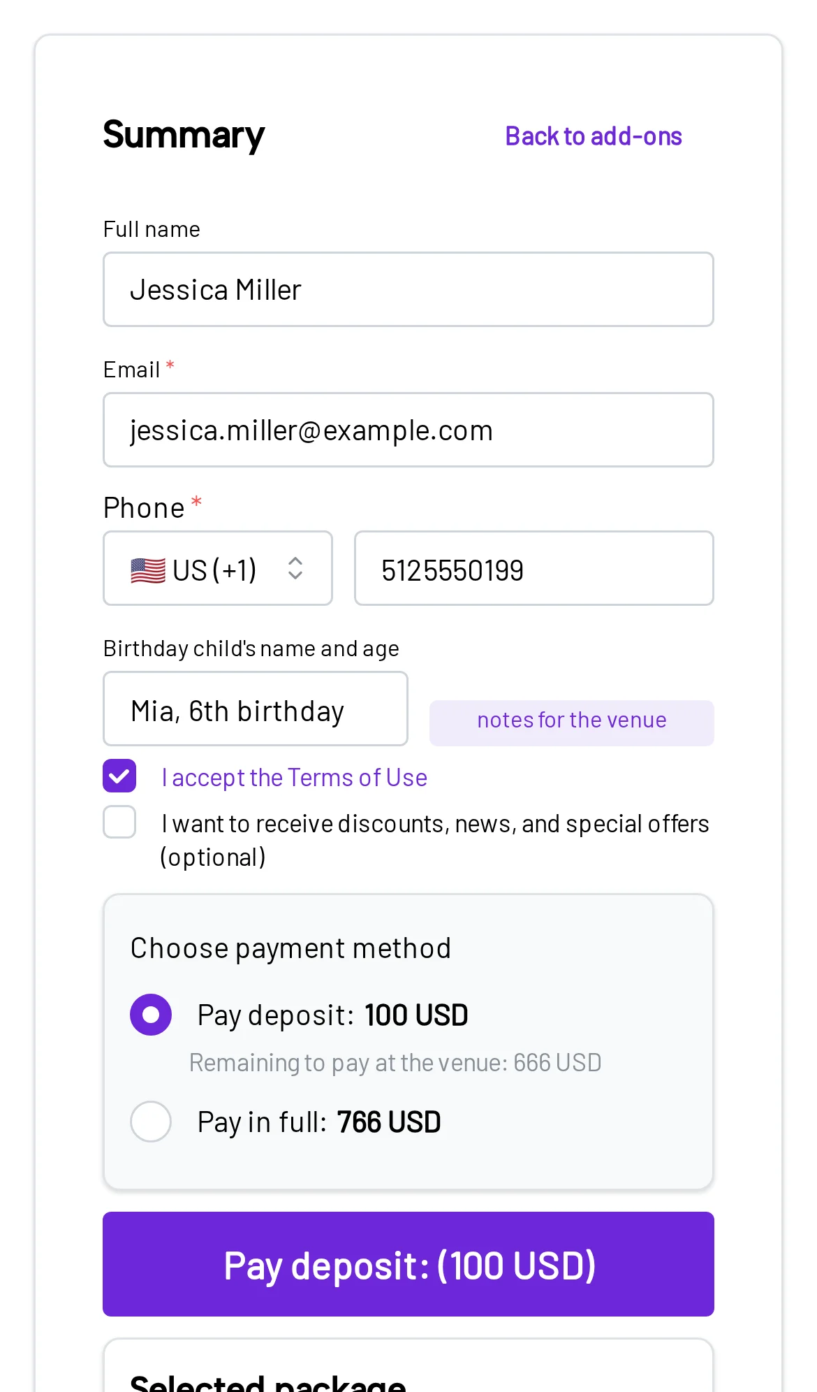 Booking summary with a choice between a deposit and full payment